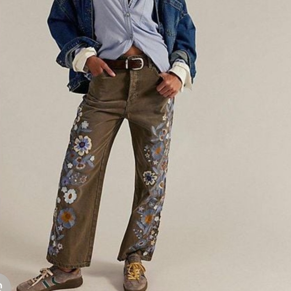 Free People We the Free Willow Floral Embroidered Jeans in Forget Me Not